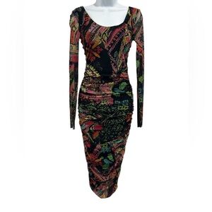 Fuzzi Bodycon Mesh Ruched Multicolor Made in Italy Midi Dress - Medium